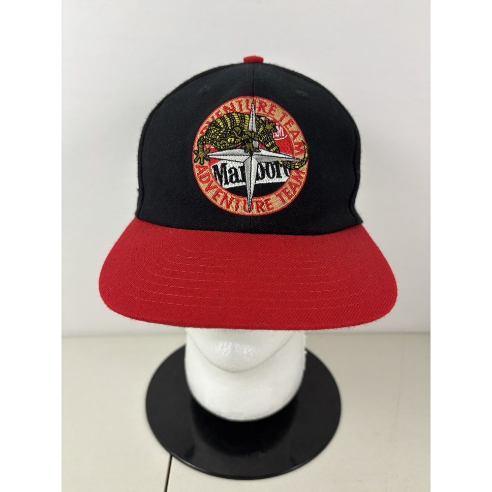 Vintage 90s Marlboro Hat Adventure Team Lizard Compass Black Red Wool Strapback